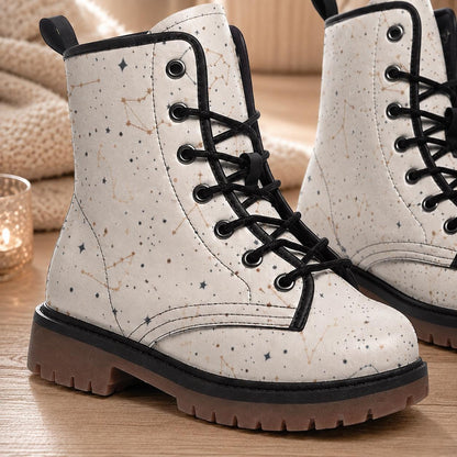 Celestial Combat Boots White Constellation Lace Up Astrology Grunge Footwear