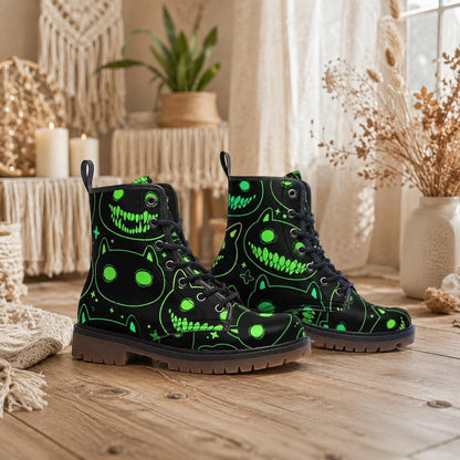 Neon Cat Combat Boots, Rave Festival Cyber Lace-Up Shoes, Glow Dark Alternative Footwear