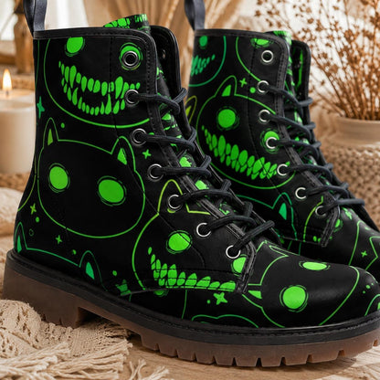 Neon Cat Combat Boots, Rave Festival Cyber Lace-Up Shoes, Glow Dark Alternative Footwear