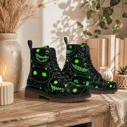 Neon Cat Combat Boots, Rave Festival Cyber Lace-Up Shoes, Glow Dark Alternative Footwear