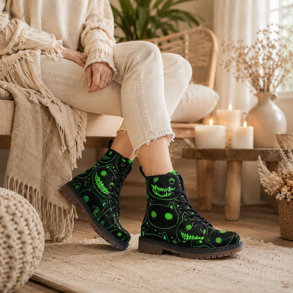 Neon Cat Combat Boots, Rave Festival Cyber Lace-Up Shoes, Glow Dark Alternative Footwear