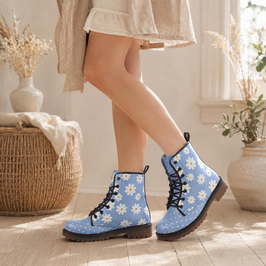 Blue Daisy Combat Boots, Cottagecore Floral Lace-Up Shoes, Festival Retro Vegan Leather