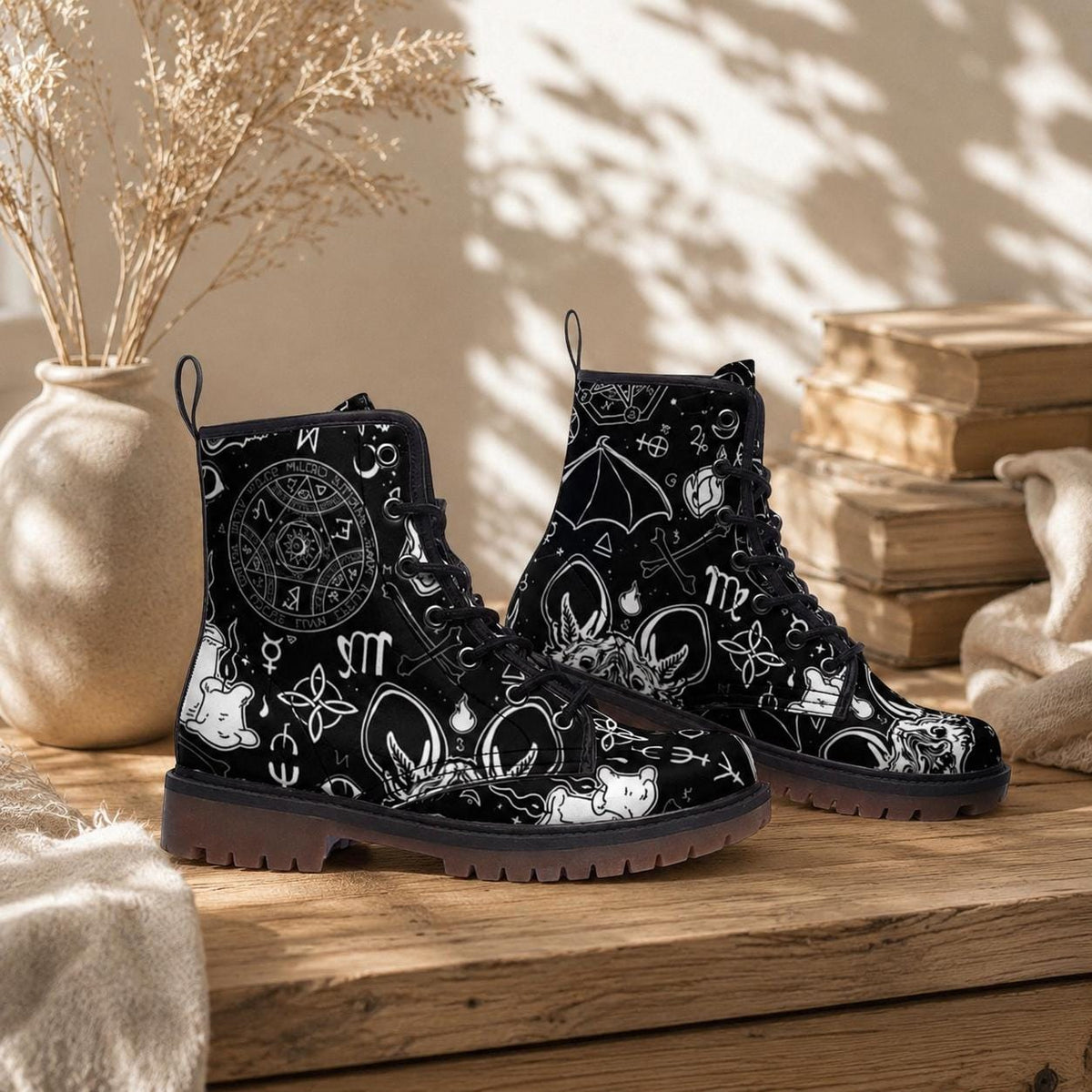 Occult Goth Boots Black Zodiac Lace Up Witchcore Tarot Style Ankle Footwear