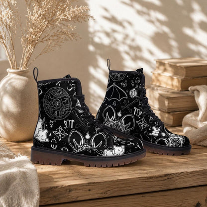 Occult Goth Boots Black Zodiac Lace Up Witchcore Tarot Style Ankle Footwear