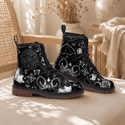 Occult Goth Boots Black Zodiac Lace Up Witchcore Tarot Style Ankle Footwear