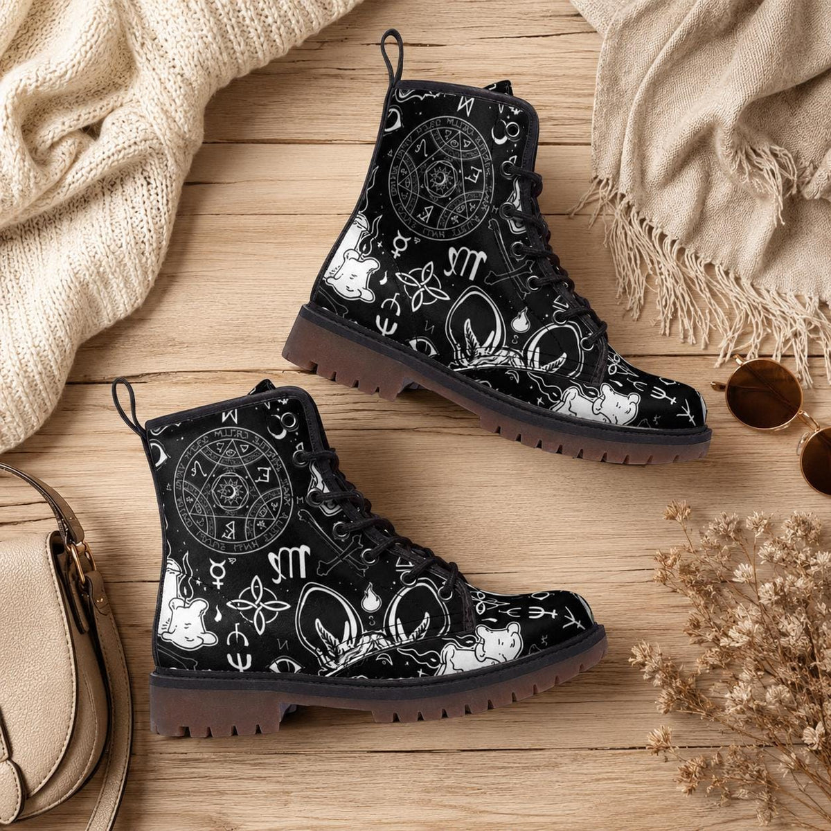 Occult Goth Boots Black Zodiac Lace Up Witchcore Tarot Style Ankle Footwear