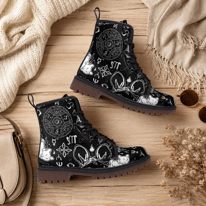 Occult Goth Boots Black Zodiac Lace Up Witchcore Tarot Style Ankle Footwear