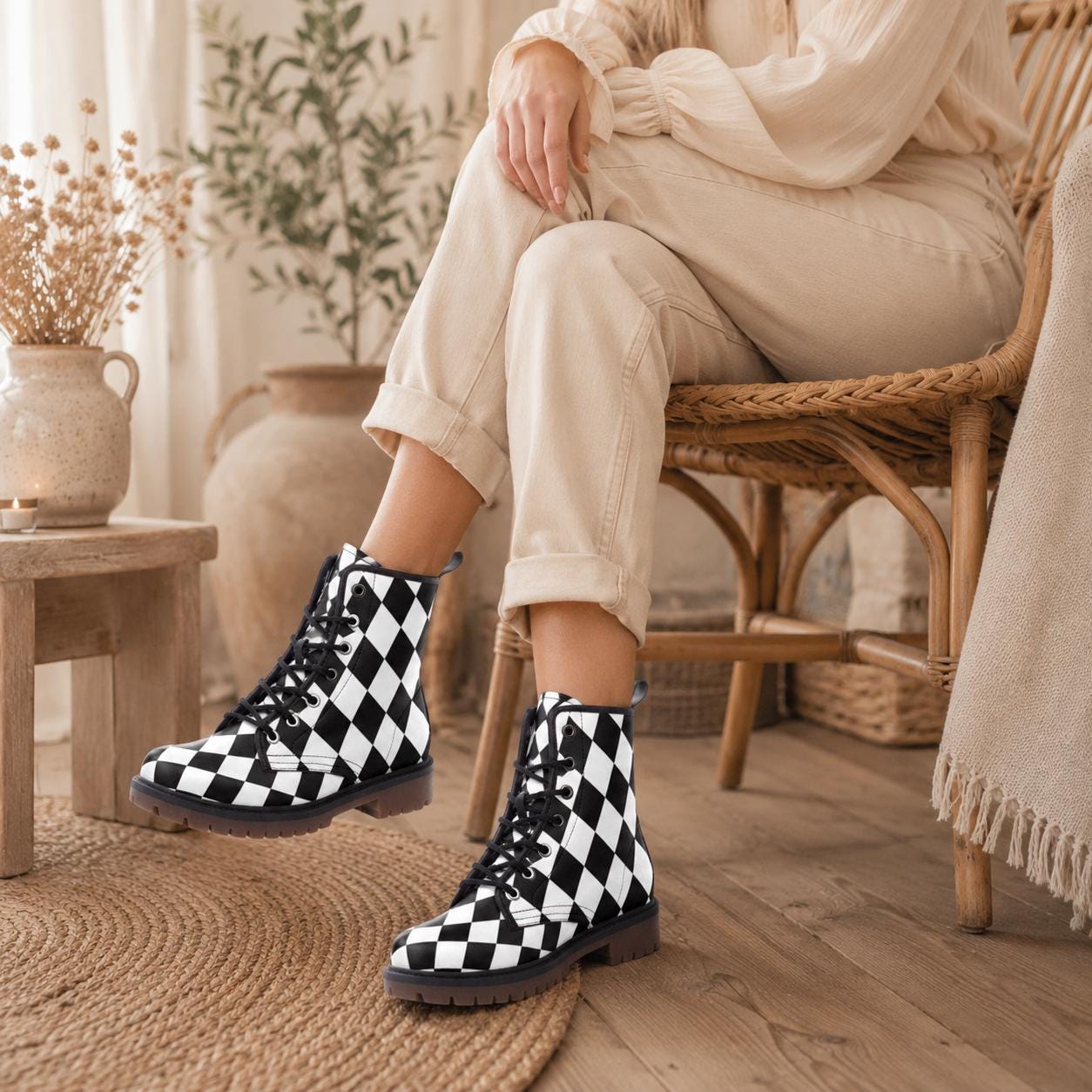 Black white diamond boots, monochrome punk lace up, alt harlequin goth shoes, checkered rave boots, emo festival shoes, punk checker boots