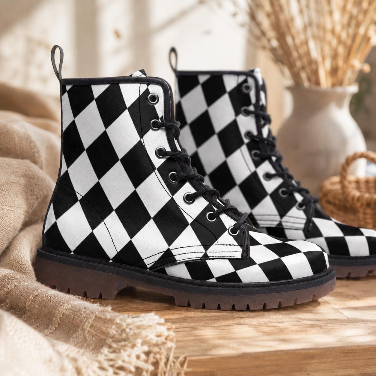 Black white diamond boots, monochrome punk lace up, alt harlequin goth shoes, checkered rave boots, emo festival shoes, punk checker boots