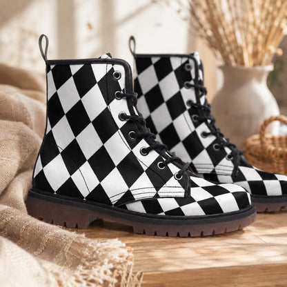 Black white diamond boots, monochrome punk lace up, alt harlequin goth shoes, checkered rave boots, emo festival shoes, punk checker boots