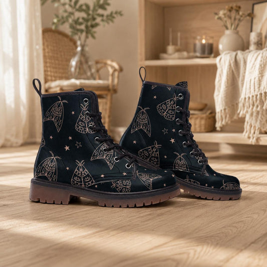 Line Art Moth Boots, Celestial Insect Lace Up Shoes, Mystical Starry Pattern Footwear