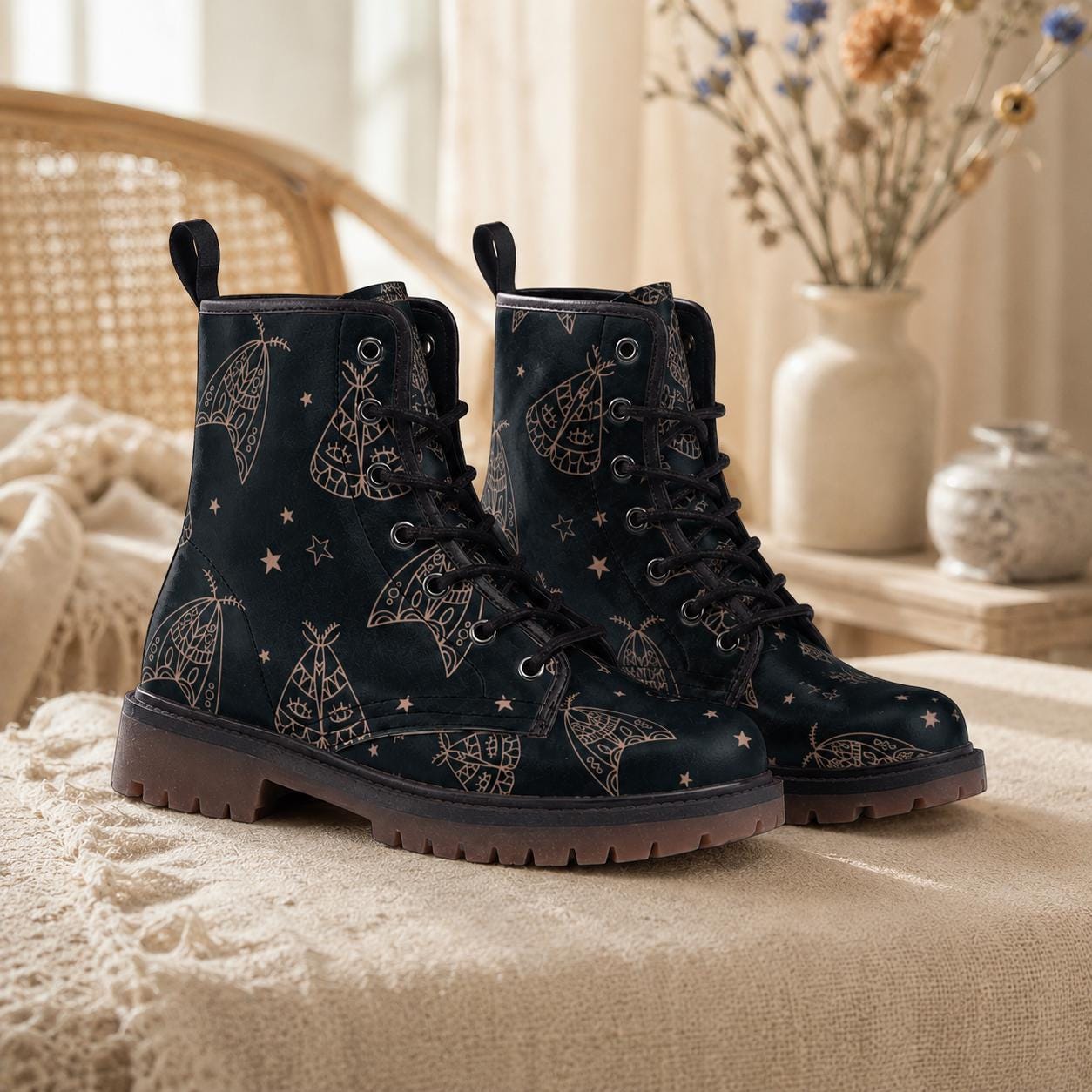 Line Art Moth Boots, Celestial Insect Lace Up Shoes, Mystical Starry Pattern Footwear