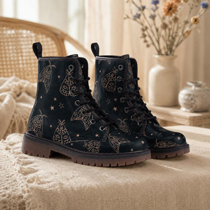 Line Art Moth Boots, Celestial Insect Lace Up Shoes, Mystical Starry Pattern Footwear