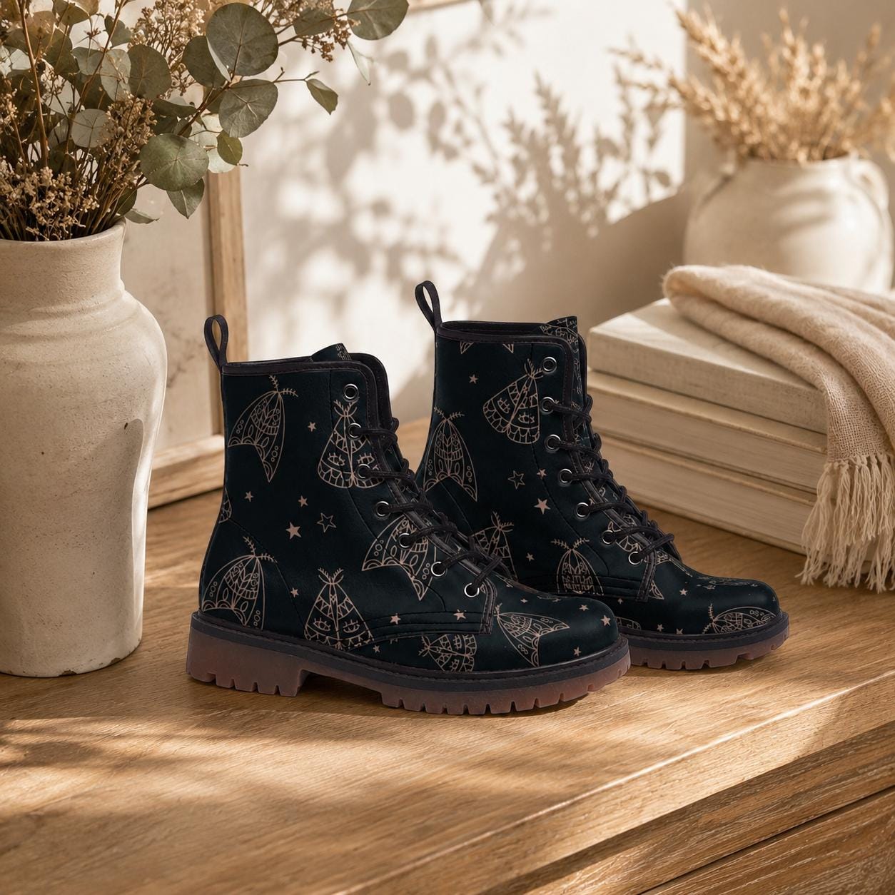Line Art Moth Boots, Celestial Insect Lace Up Shoes, Mystical Starry Pattern Footwear