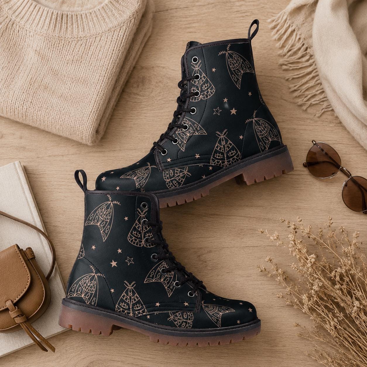 Line Art Moth Boots, Celestial Insect Lace Up Shoes, Mystical Starry Pattern Footwear