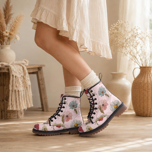 Pastel Floral Combat Boots, Fairycore Shoes, Vegan Leather Botanical Footwear, Cottagecore Festival Boots
