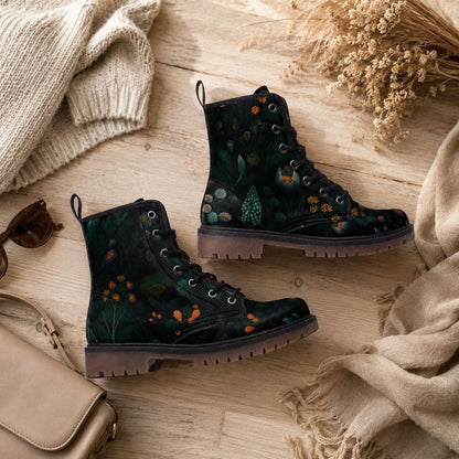 Botanical Forest Combat Boots, Fairycore Vegan Leather Shoes, Gothic Floral Festival Footwear