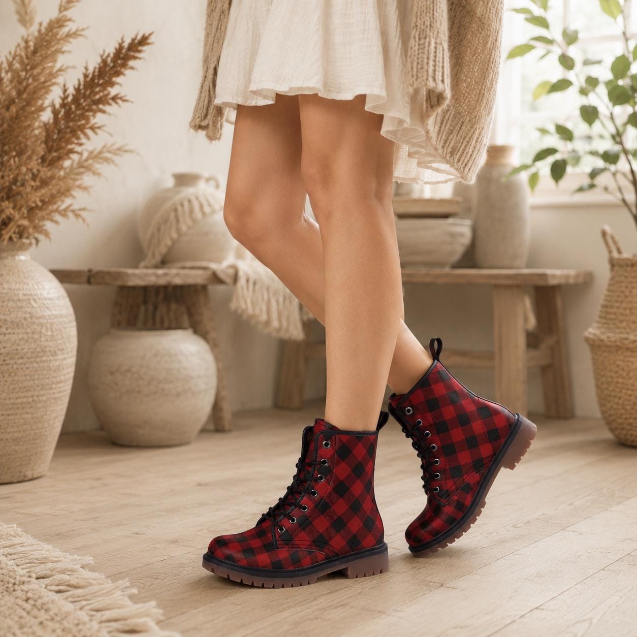 Buffalo Plaid Combat Boots, Red Black Grunge Lace Up Boots, Rustic Fall Statement Shoes