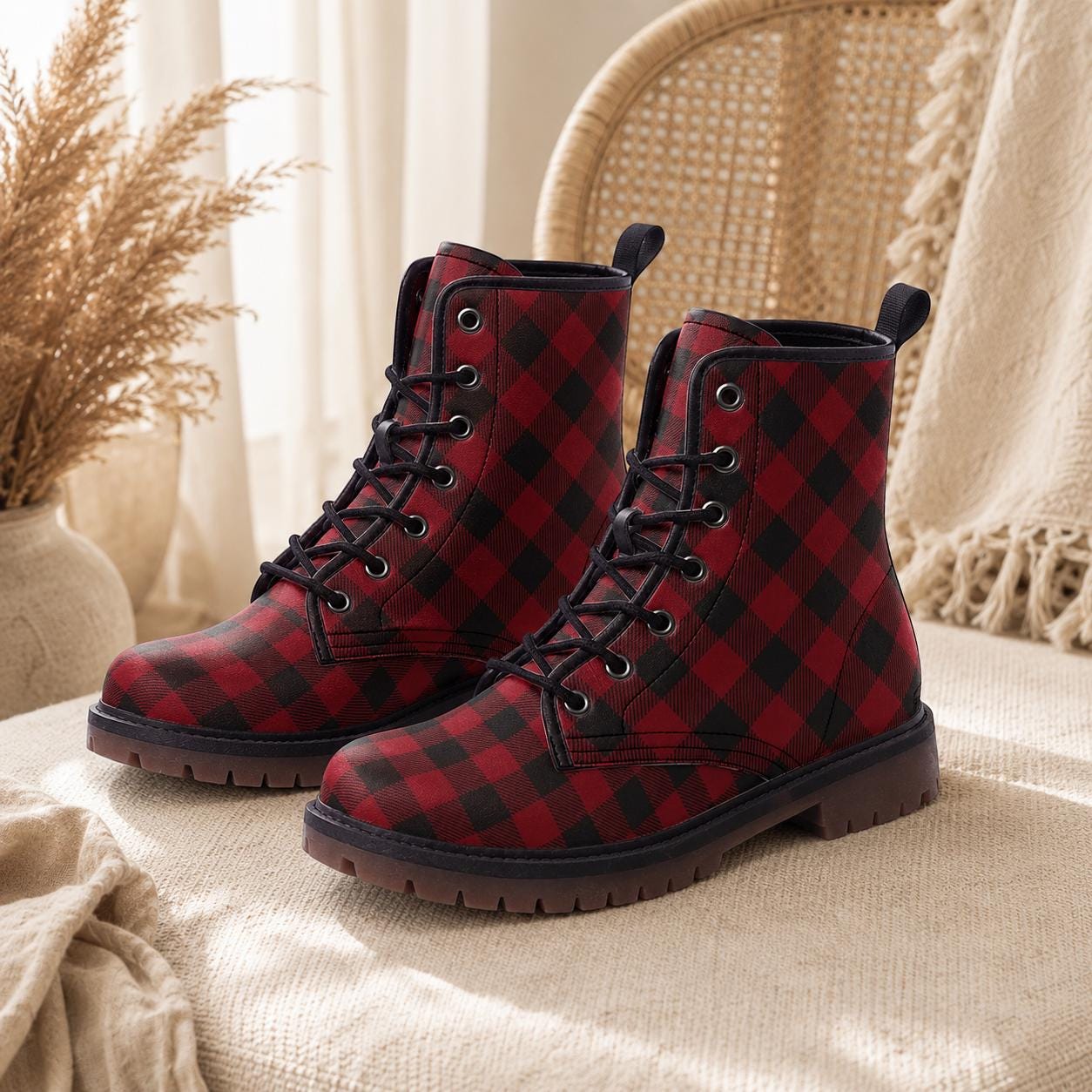Buffalo Plaid Combat Boots, Red Black Grunge Lace Up Boots, Rustic Fall Statement Shoes