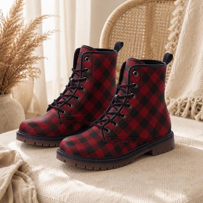 Buffalo Plaid Combat Boots, Red Black Grunge Lace Up Boots, Rustic Fall Statement Shoes