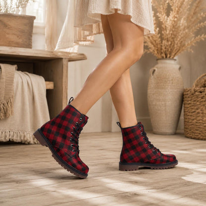 Buffalo Plaid Combat Boots, Red Black Grunge Lace Up Boots, Rustic Fall Statement Shoes