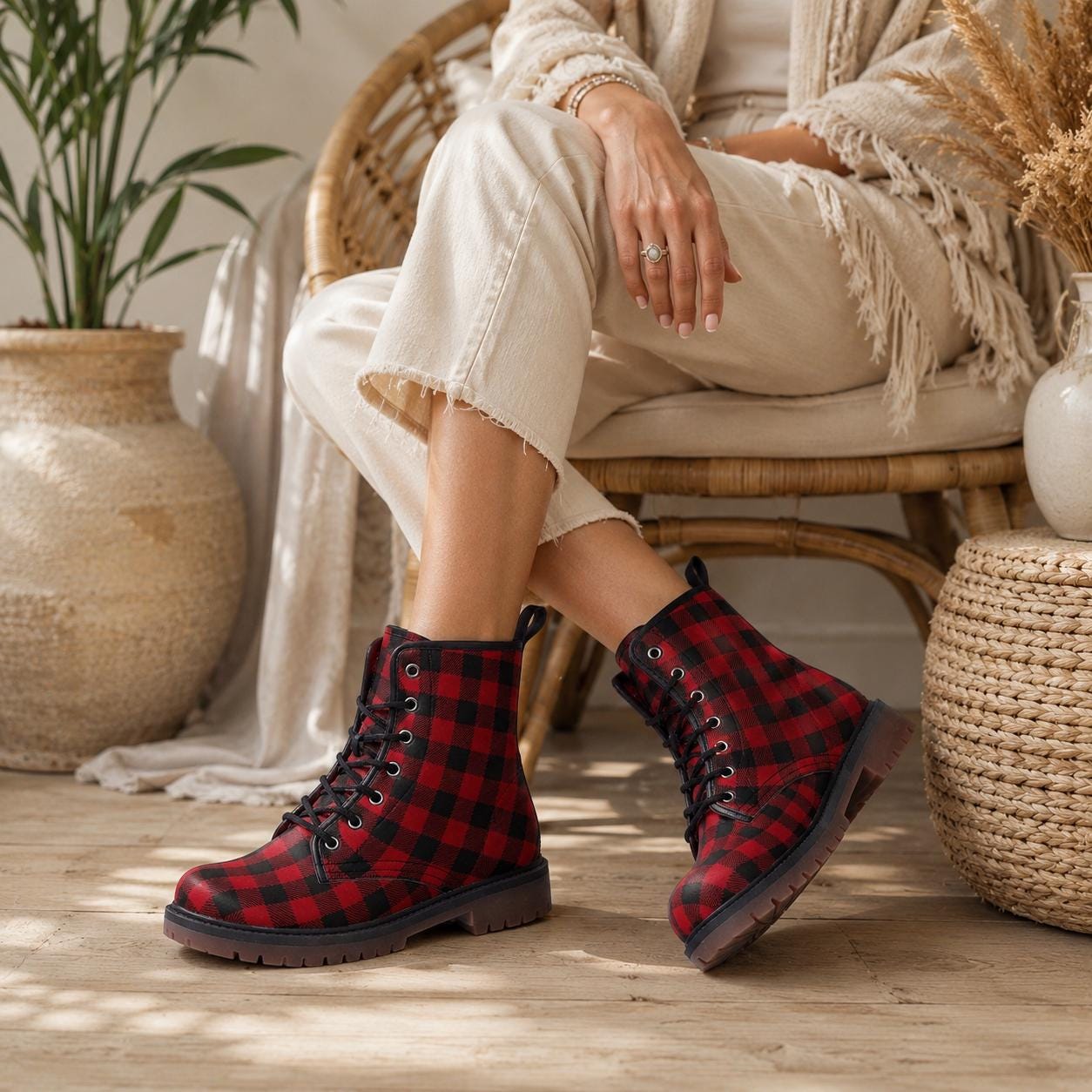 Buffalo Plaid Combat Boots, Red Black Grunge Lace Up Boots, Rustic Fall Statement Shoes