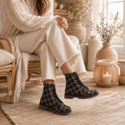 Dark Academia Combat Boots in Brown Check, Moody Fall Grunge Footwear