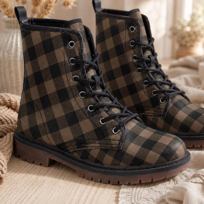Dark Academia Combat Boots in Brown Check, Moody Fall Grunge Footwear