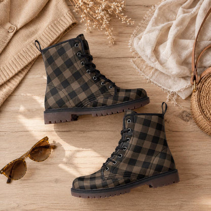 Dark Academia Combat Boots in Brown Check, Moody Fall Grunge Footwear