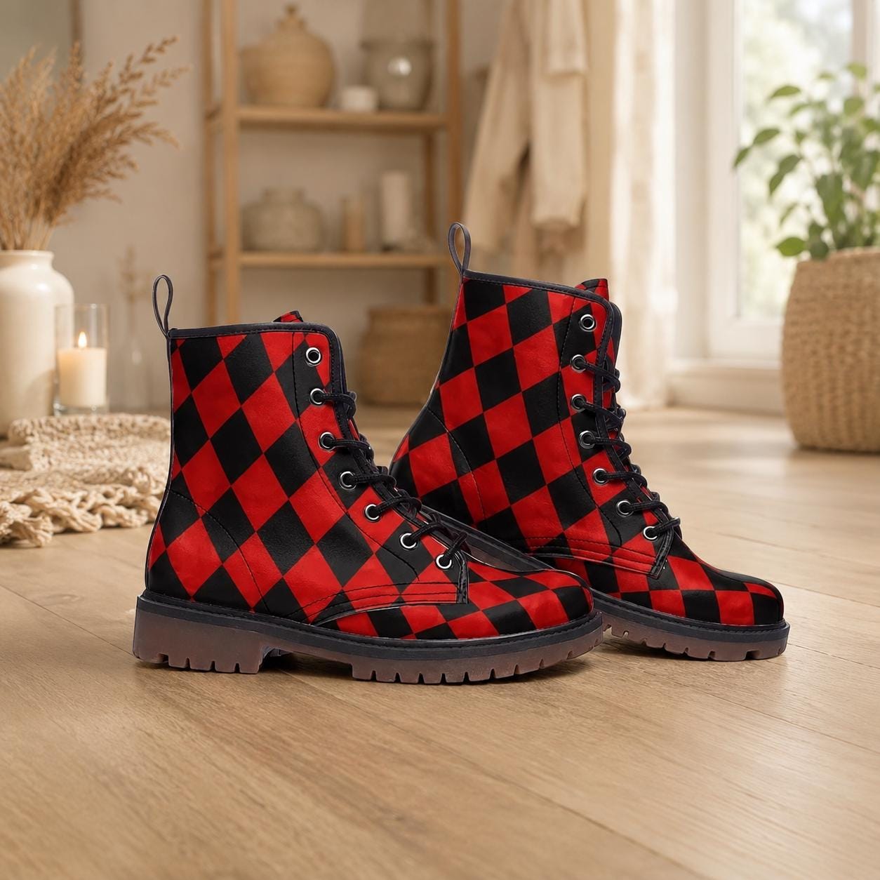 Red Black Harlequin Checker Combat Boots, Circuscore Platform Goth Punk Shoes