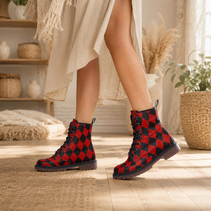 Red Black Harlequin Checker Combat Boots, Circuscore Platform Goth Punk Shoes