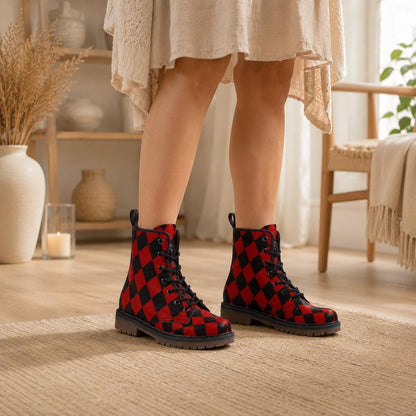 Red Black Harlequin Checker Combat Boots, Circuscore Platform Goth Punk Shoes