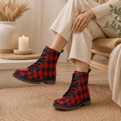 Red Black Harlequin Checker Combat Boots, Circuscore Platform Goth Punk Shoes