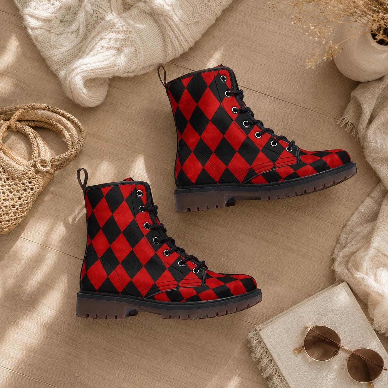 Red Black Harlequin Checker Combat Boots, Circuscore Platform Goth Punk Shoes