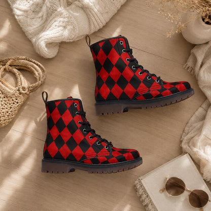 Red Black Harlequin Checker Combat Boots, Circuscore Platform Goth Punk Shoes