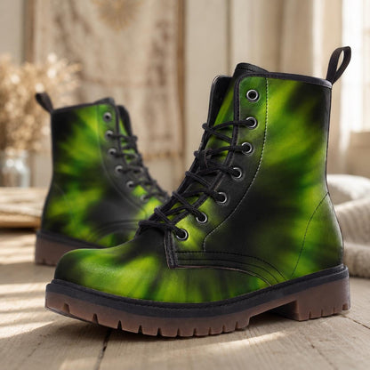 Green Tie-Dye Combat Boots, Vegan Leather Footwear, Grunge Festival Shoes, Edgy 90s Style Boots