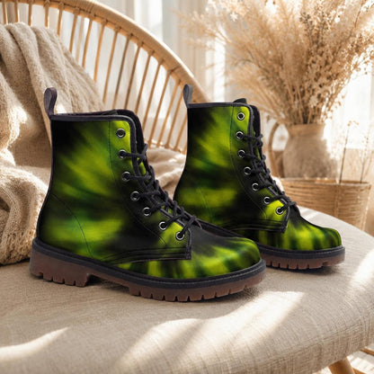 Green Tie-Dye Combat Boots, Vegan Leather Footwear, Grunge Festival Shoes, Edgy 90s Style Boots