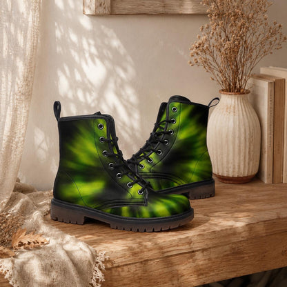 Green Tie-Dye Combat Boots, Vegan Leather Footwear, Grunge Festival Shoes, Edgy 90s Style Boots