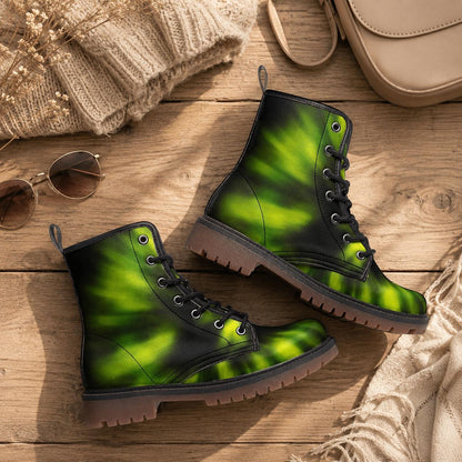 Green Tie-Dye Combat Boots, Vegan Leather Footwear, Grunge Festival Shoes, Edgy 90s Style Boots