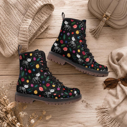 Spooky Cat Combat Boots, Floral Goth Lace Up Shoes, Halloween Alt Footwear
