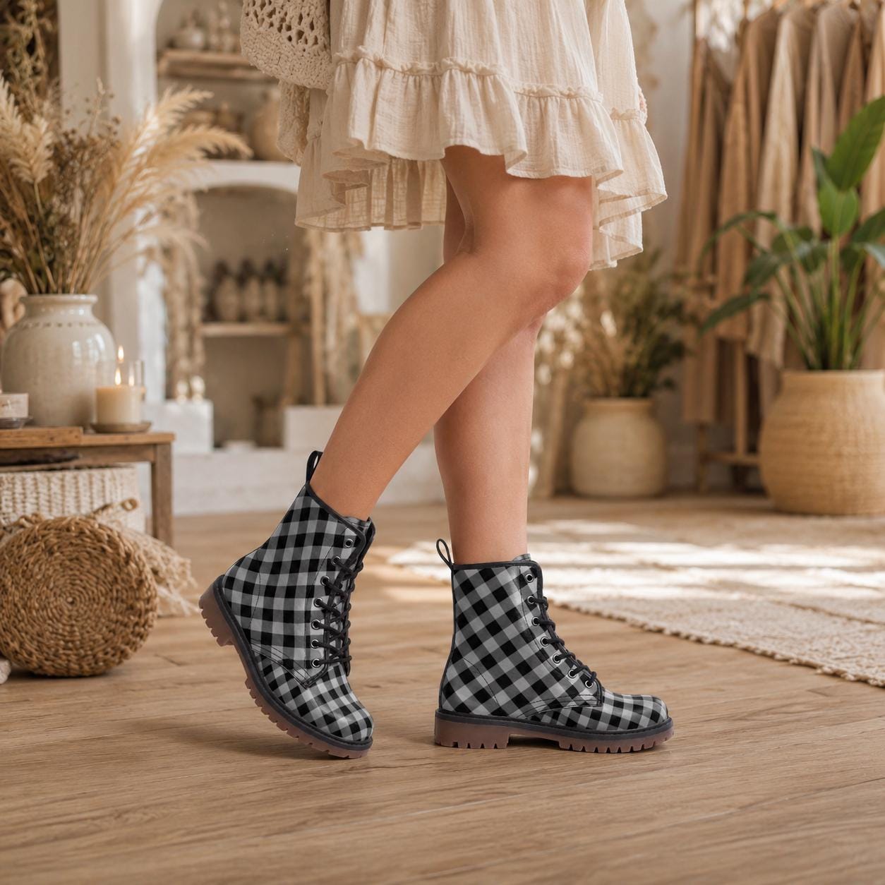Buffalo Plaid Combat Boots, Black White Checkered Lace Up Grunge Fall Boots for Women