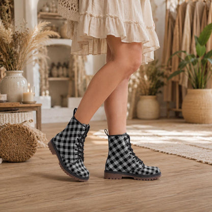 Buffalo Plaid Combat Boots, Black White Checkered Lace Up Grunge Fall Boots for Women