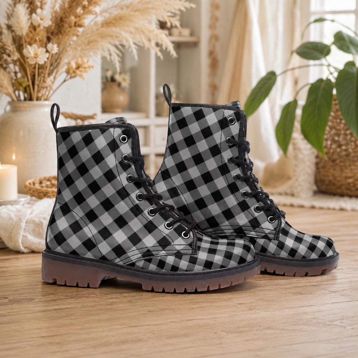 Buffalo Plaid Combat Boots, Black White Checkered Lace Up Grunge Fall Boots for Women