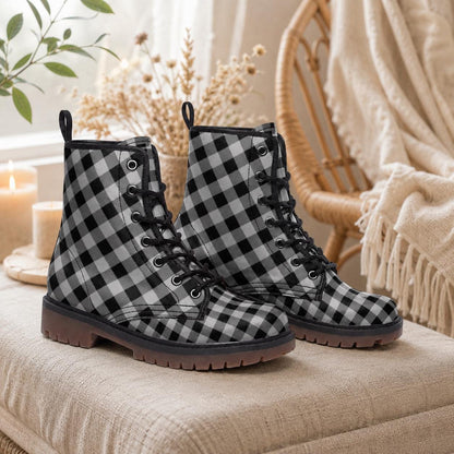 Buffalo Plaid Combat Boots, Black White Checkered Lace Up Grunge Fall Boots for Women