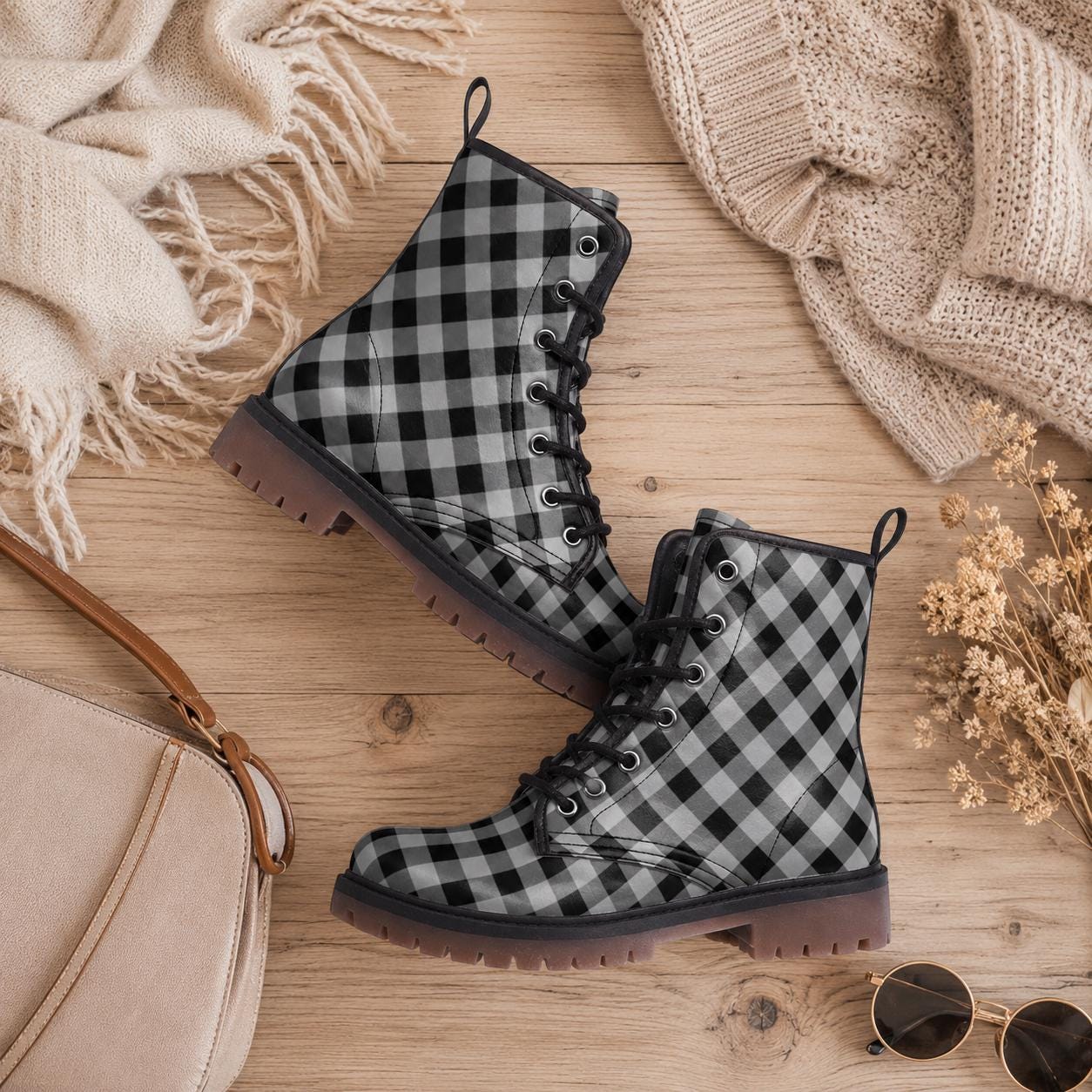 Buffalo Plaid Combat Boots, Black White Checkered Lace Up Grunge Fall Boots for Women