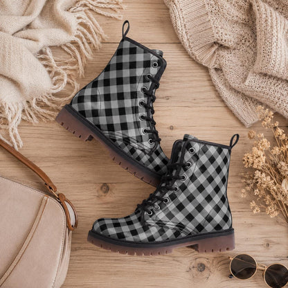 Buffalo Plaid Combat Boots, Black White Checkered Lace Up Grunge Fall Boots for Women