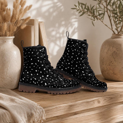 Black Speckled Combat Boots, Monochrome Lace Up Ankle Shoes for Minimalist Streetwear