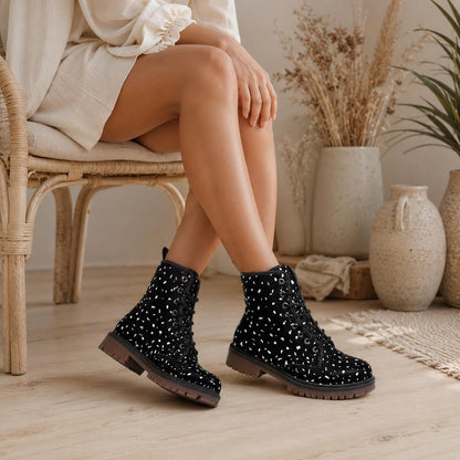 Black Speckled Combat Boots, Monochrome Lace Up Ankle Shoes for Minimalist Streetwear