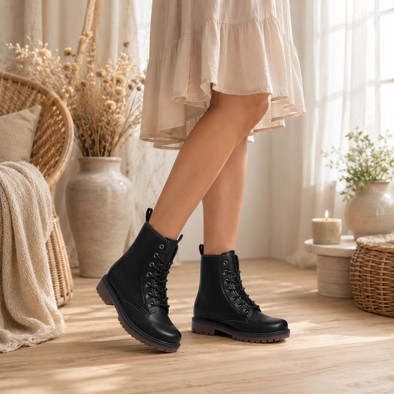 Black Vegan Leather Combat Boots, Lace-Up Platform Ankle Booties
