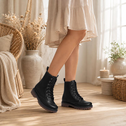 Black Vegan Leather Combat Boots, Lace-Up Platform Ankle Booties